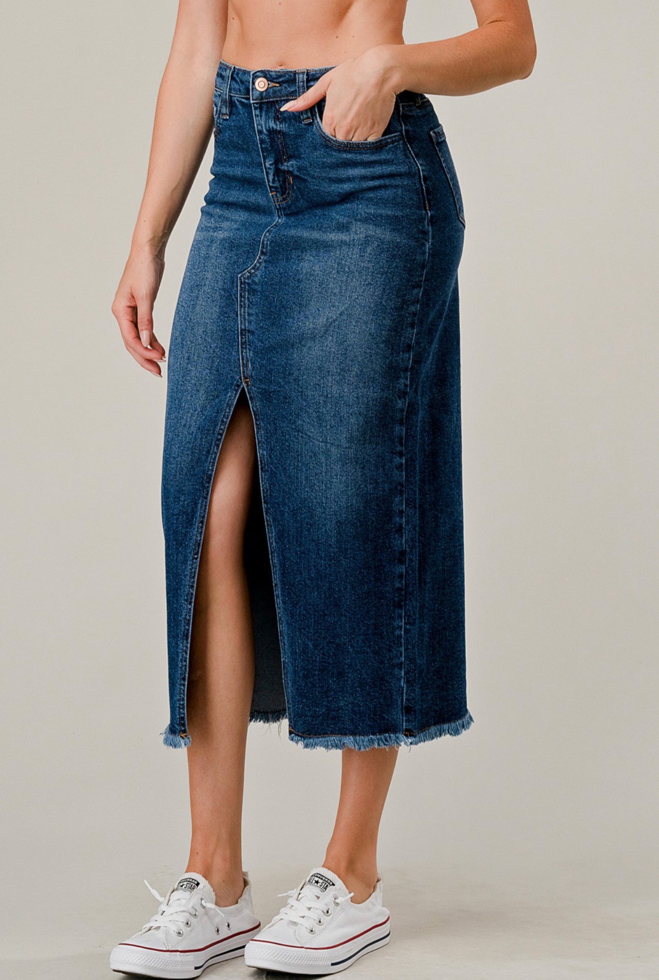 “Base Line” Midi Denim Skirt