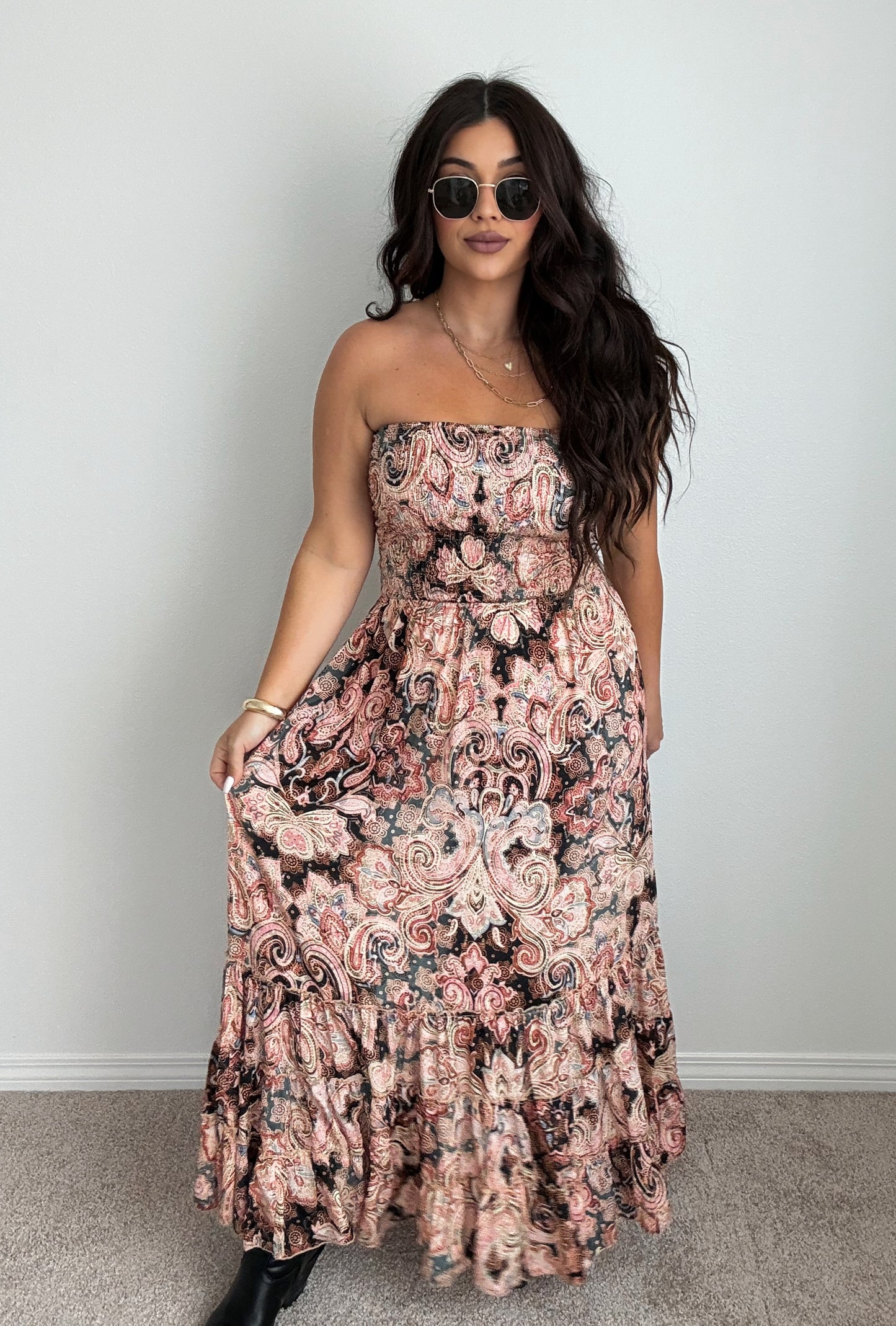 “Tahiti” Boho Strapless Open Back Maxi Dress (ONESIZE)