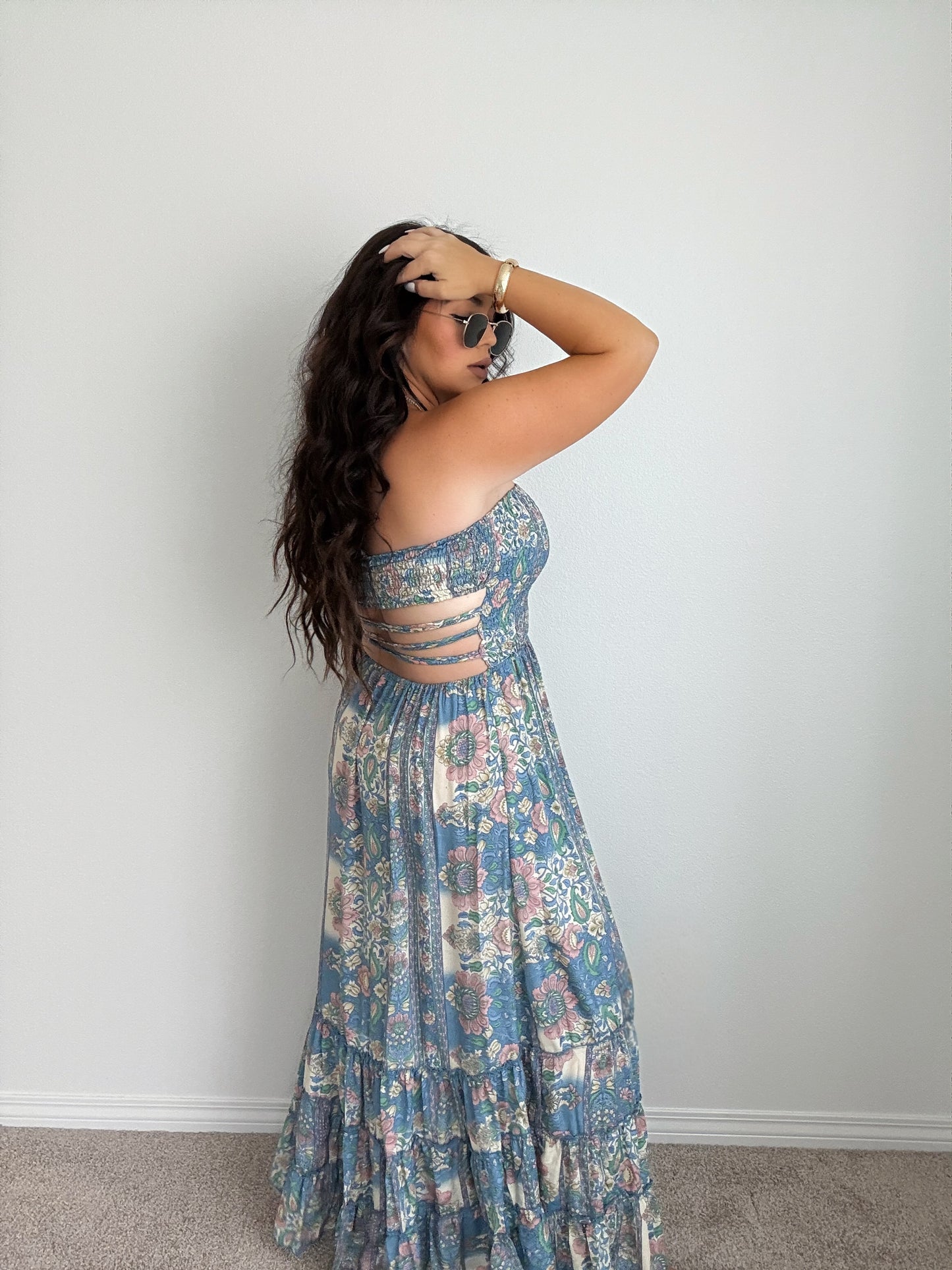 “Tahiti” Boho Strapless Open Back Maxi Dress (ONESIZE)