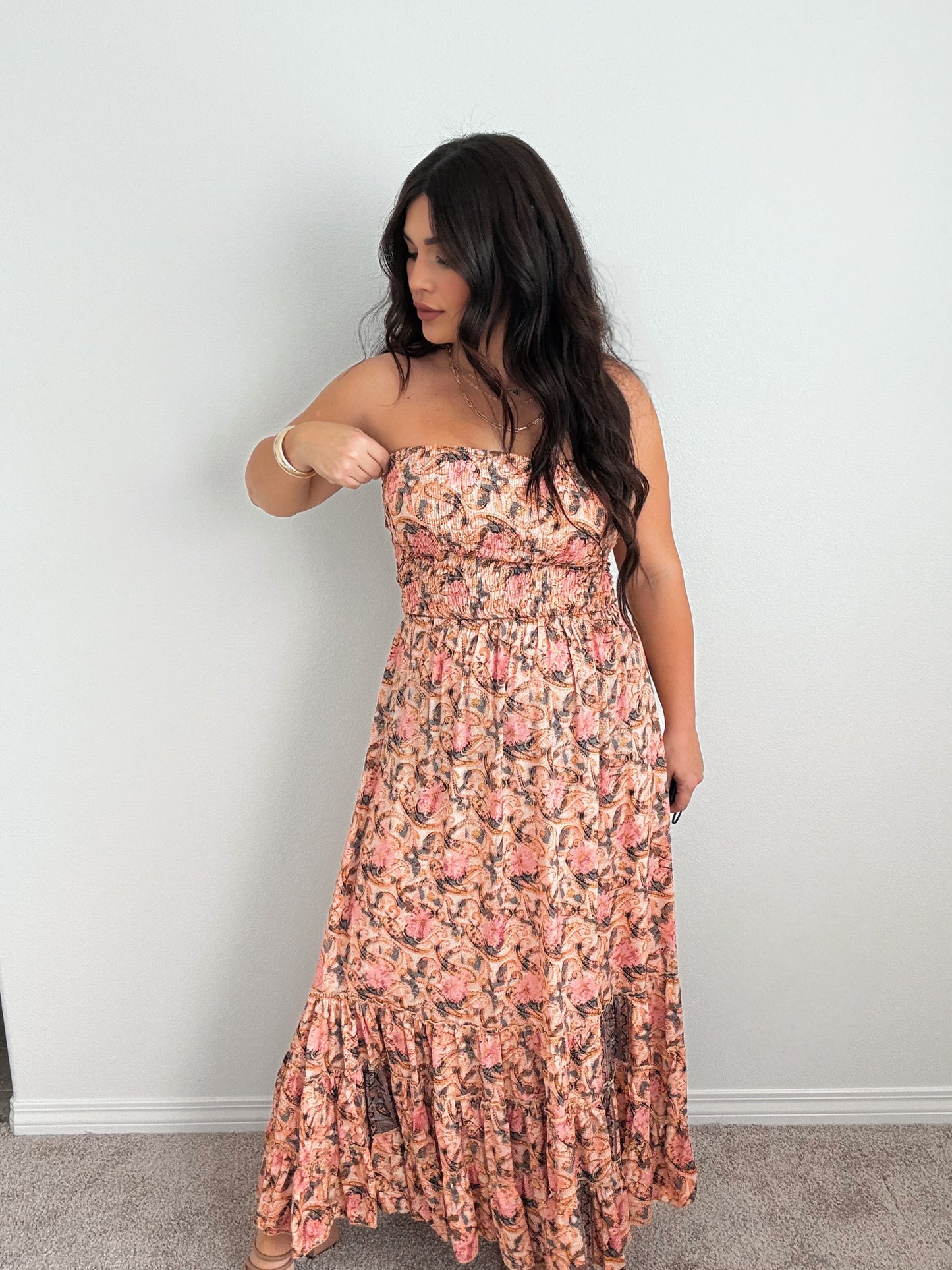 “Tahiti” Boho Strapless Open Back Maxi Dress (ONESIZE)