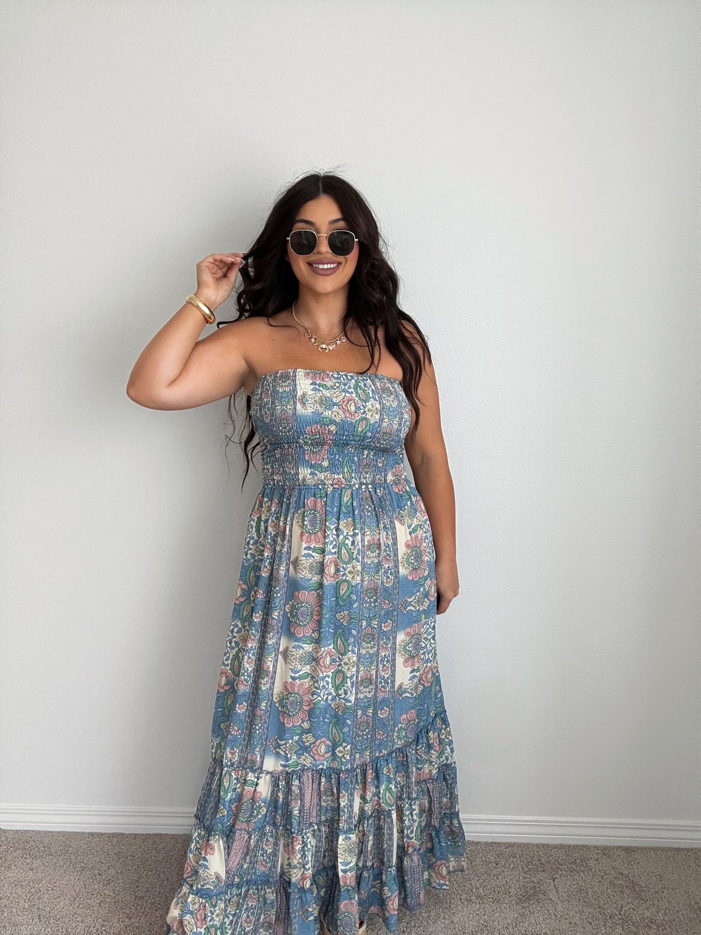 “Tahiti” Boho Strapless Open Back Maxi Dress (ONESIZE)
