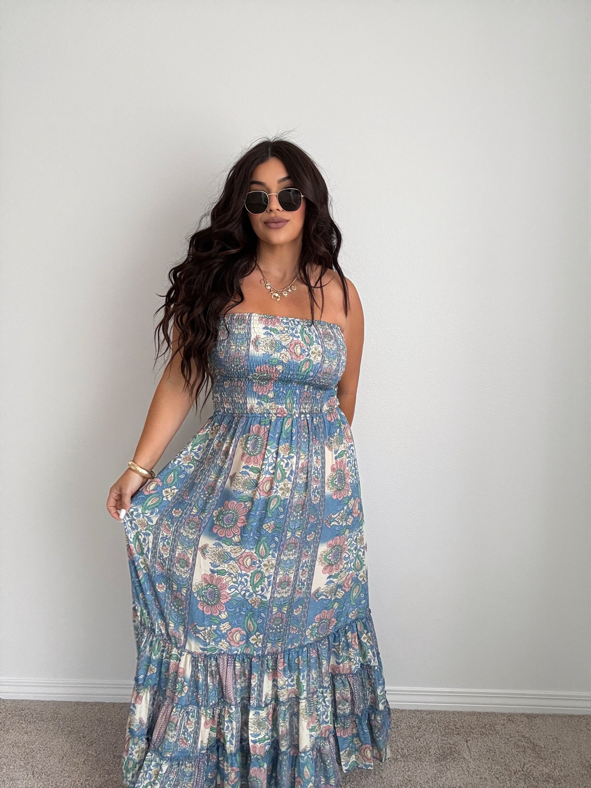 strapless boho maxi dress Turquoise and a flowy silhouette that moves effortlessly with every step Boho Striped Strapless Maxi Dress