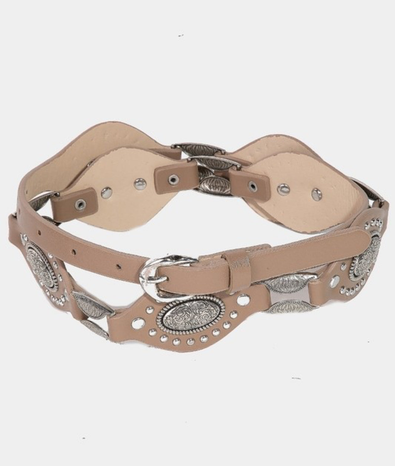 “Blair” Faux Leather Oval And Concho Chain Belt