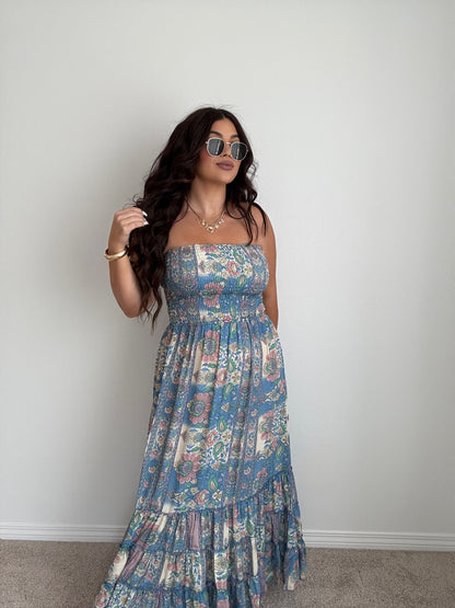 “Tahiti” Boho Strapless Open Back Maxi Dress (ONESIZE)