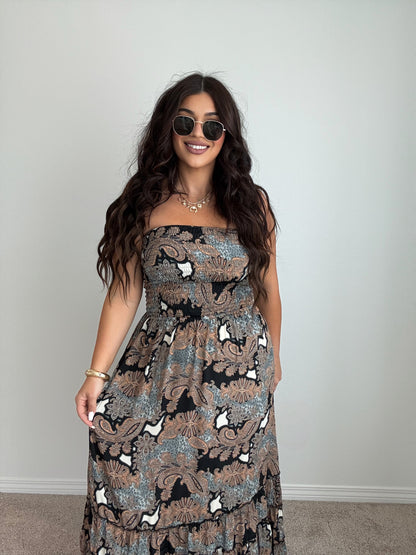 “Tahiti” Boho Strapless Open Back Maxi Dress (ONESIZE)