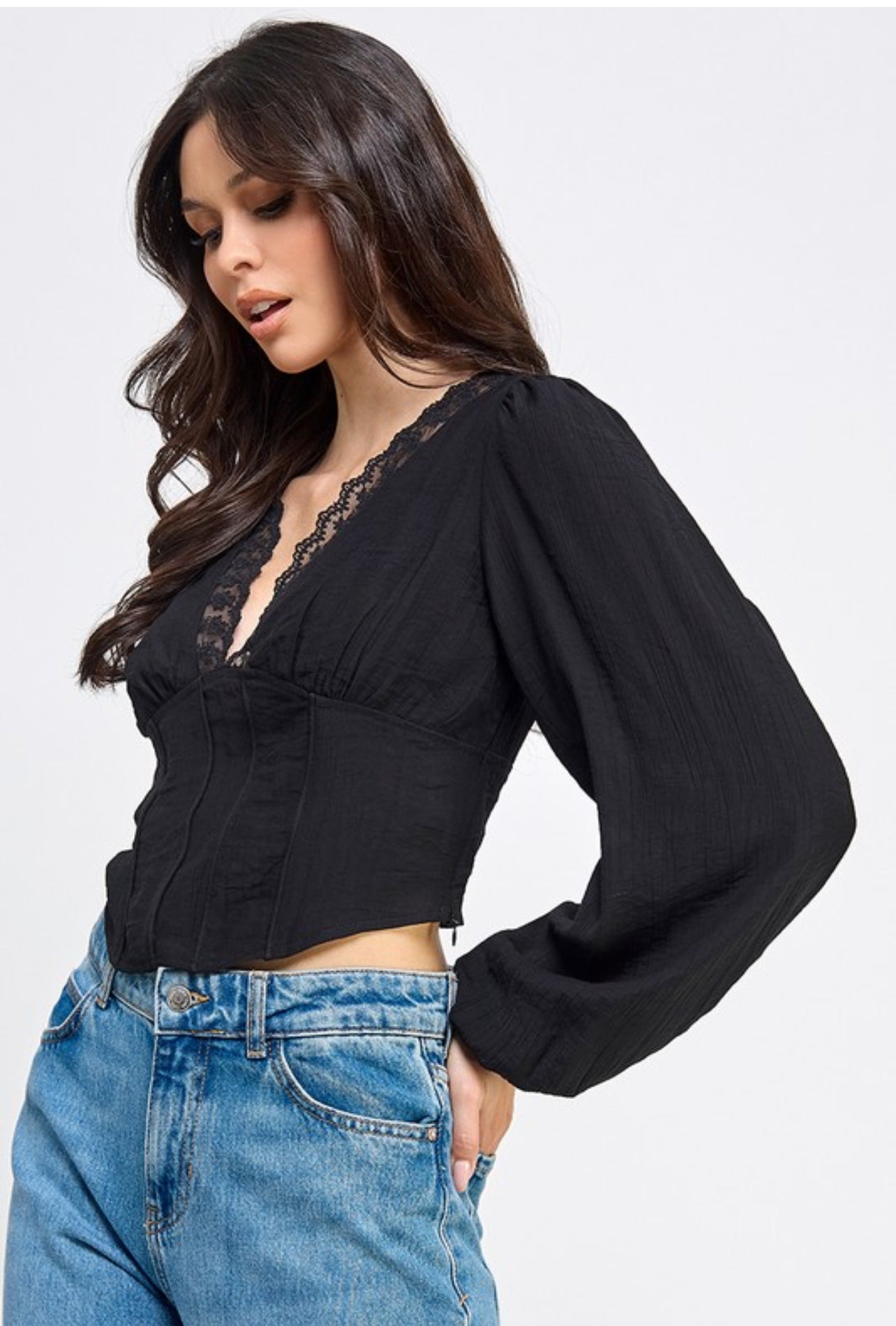 “Enchanted” Lace Trim Long Sleeve Top