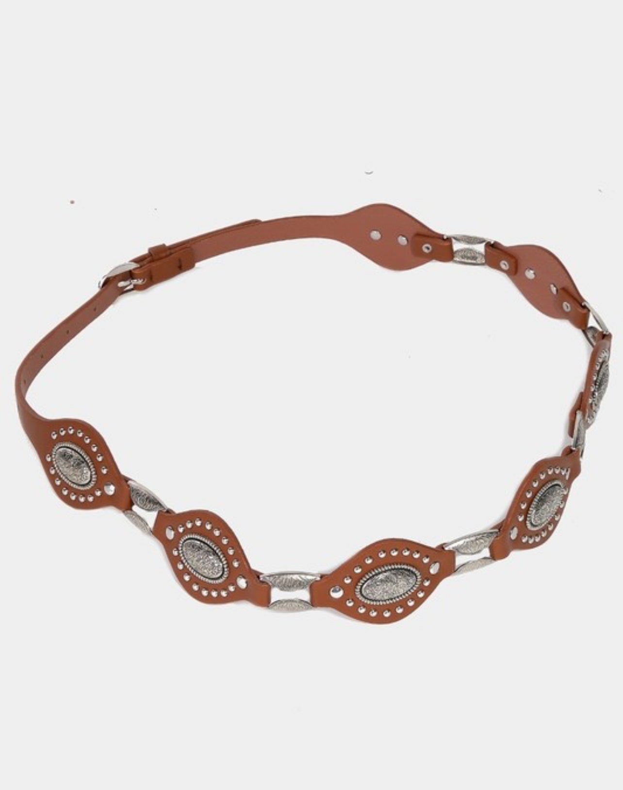 “Blair” Faux Leather Oval And Concho Chain Belt