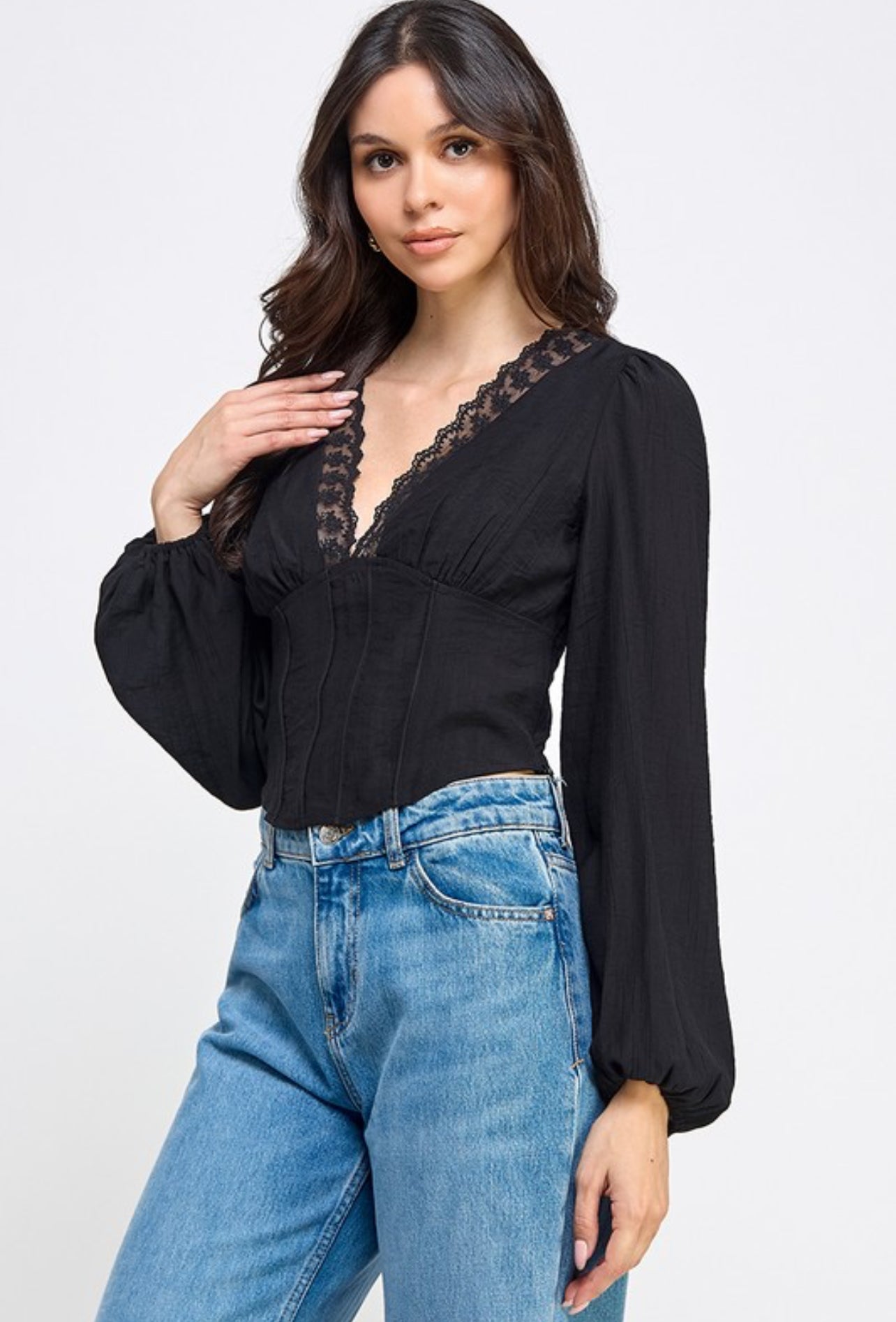 “Enchanted” Lace Trim Long Sleeve Top