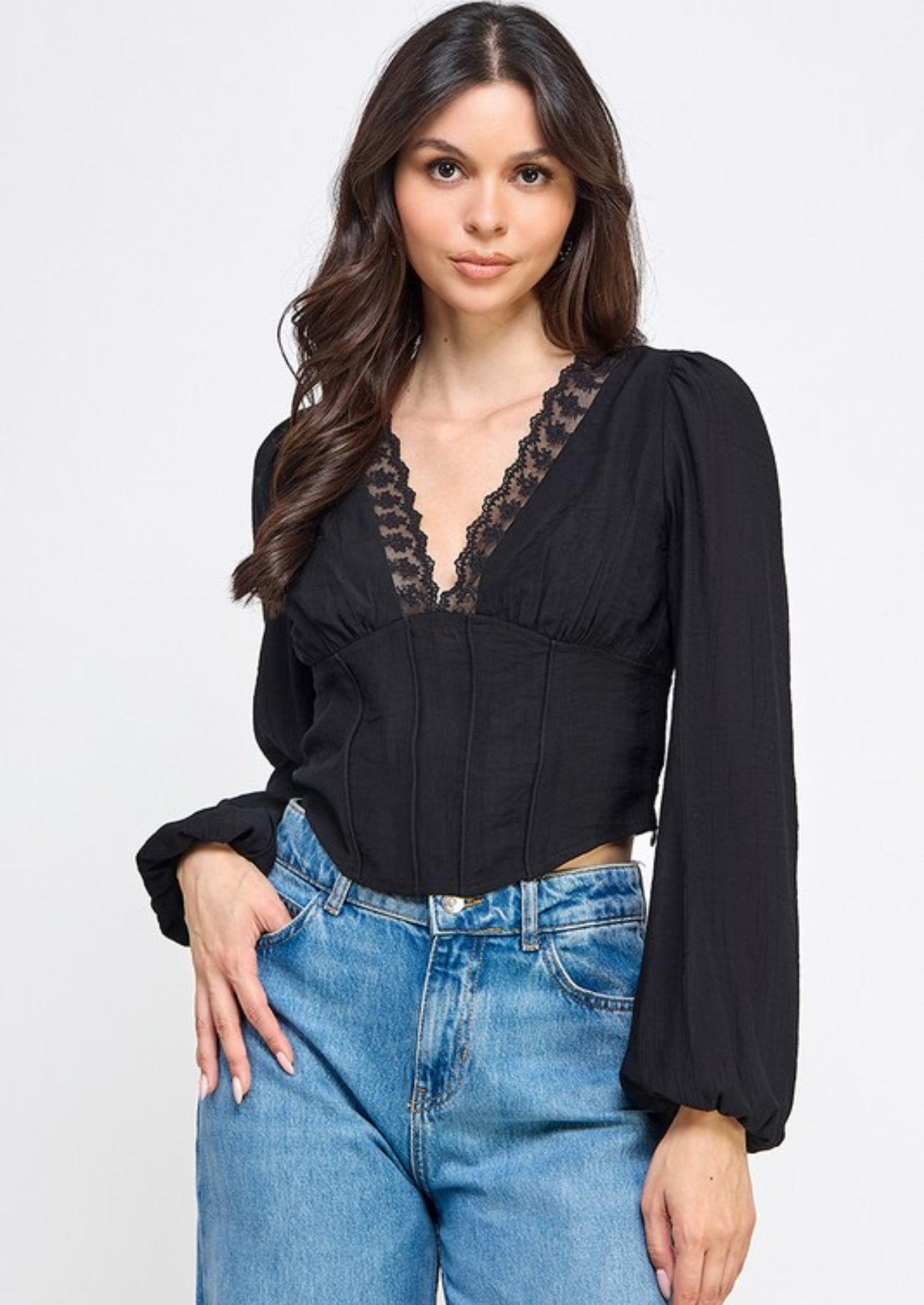 “Enchanted” Lace Trim Long Sleeve Top