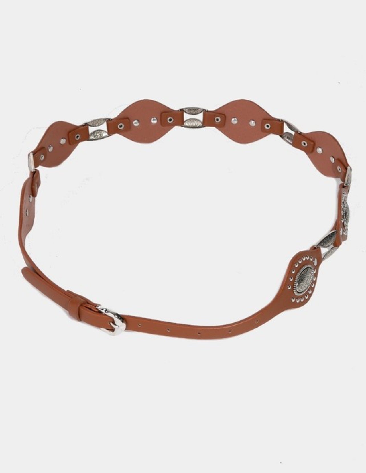 “Blair” Faux Leather Oval And Concho Chain Belt