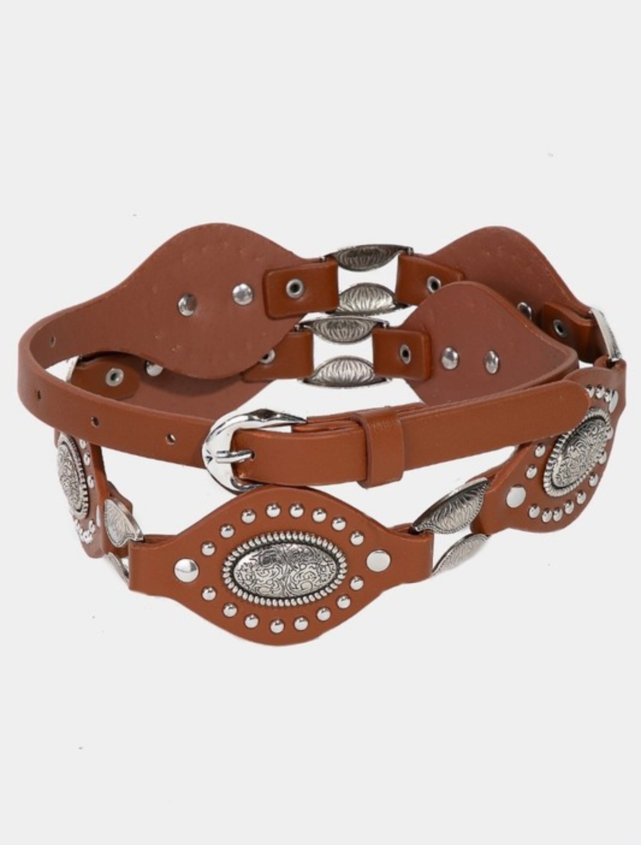 “Blair” Faux Leather Oval And Concho Chain Belt